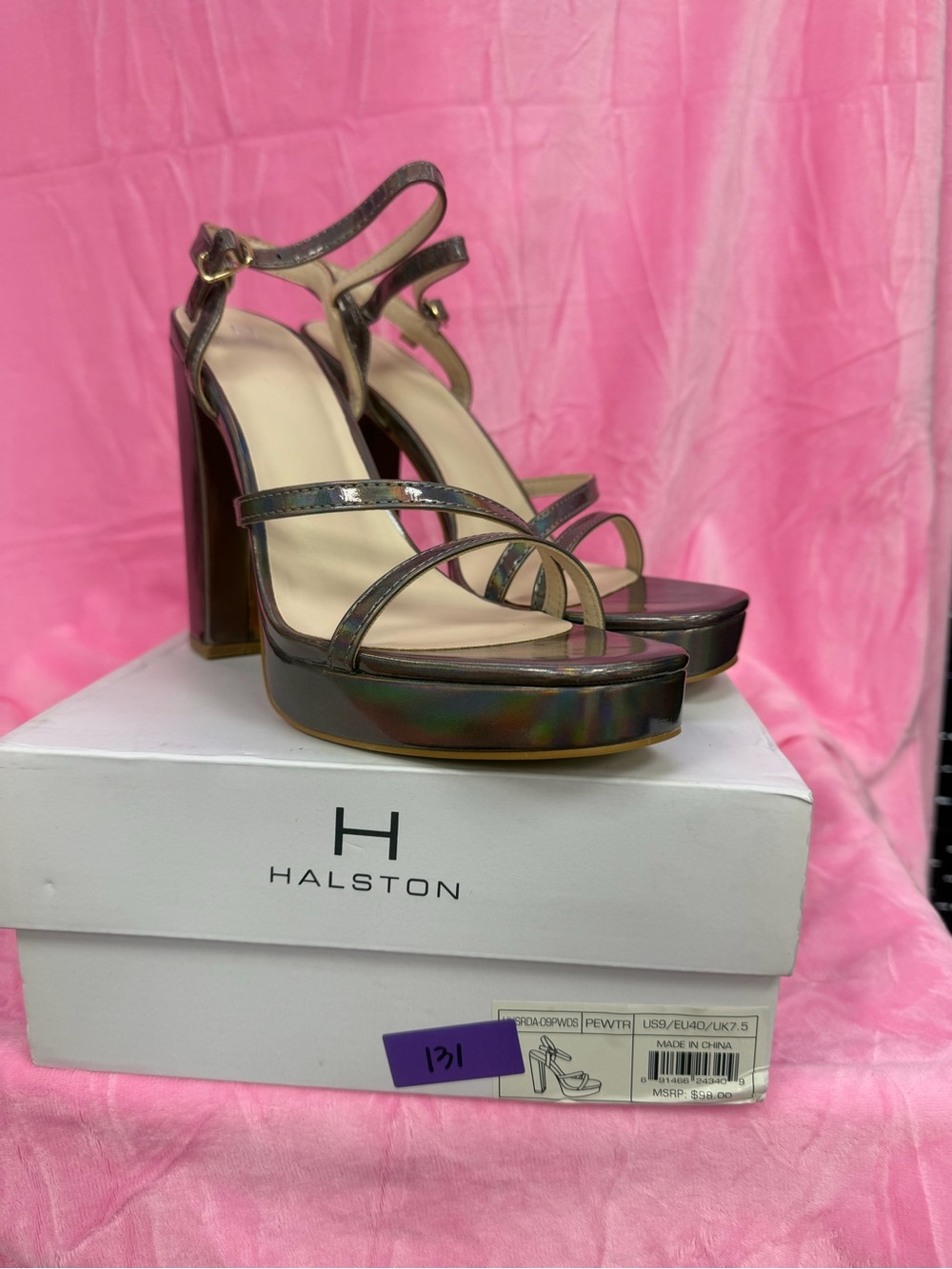 Halston Heritage Iridescent Pewter Platform Block Heel Sandals